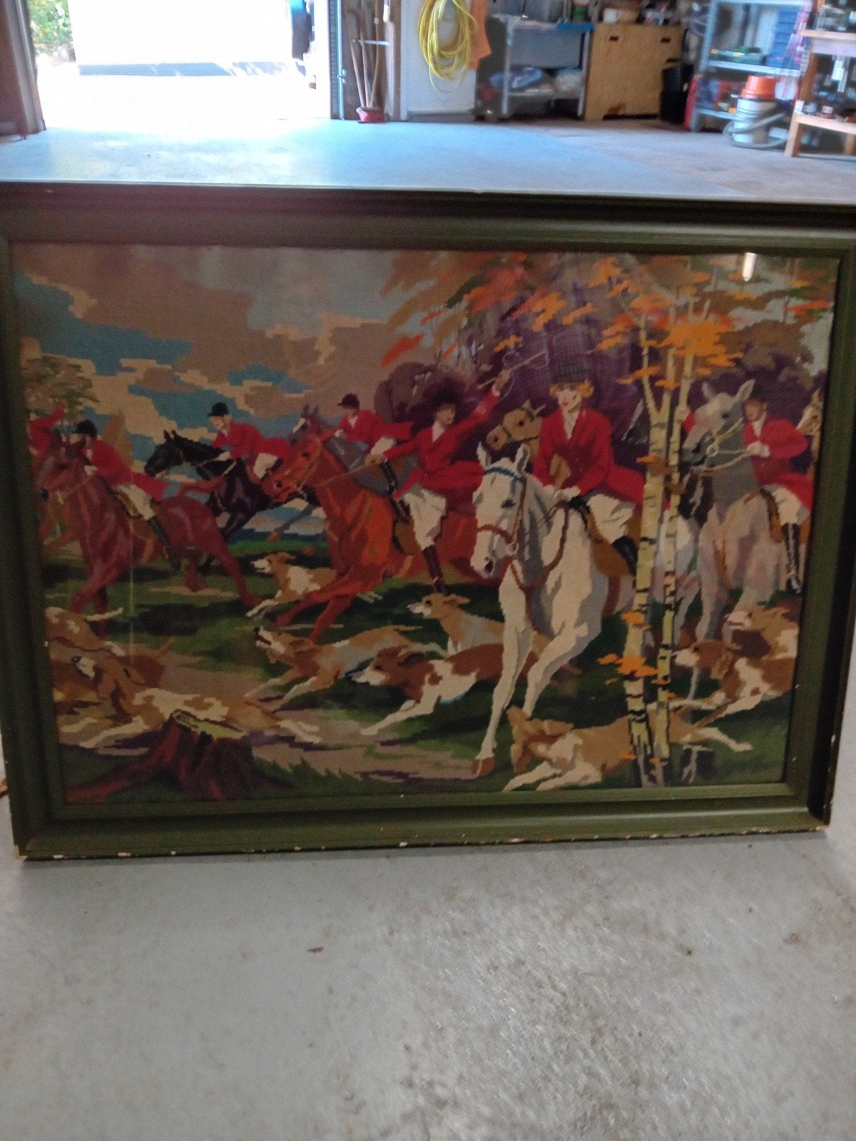 Vintage Tapisserie Jachtscène Ingelijst, Antiek en Kunst, Kunst | Schilderijen | Klassiek, Ophalen