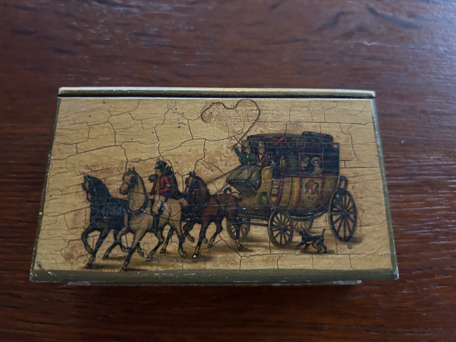 houten postzegeldoosje met koetsafbeelding, Ophalen of Verzenden