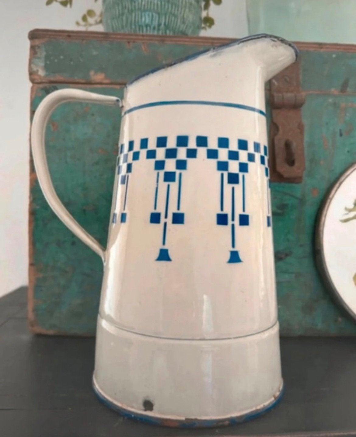 Frans emaille waterkan blauw / geblokt, Ophalen of Verzenden