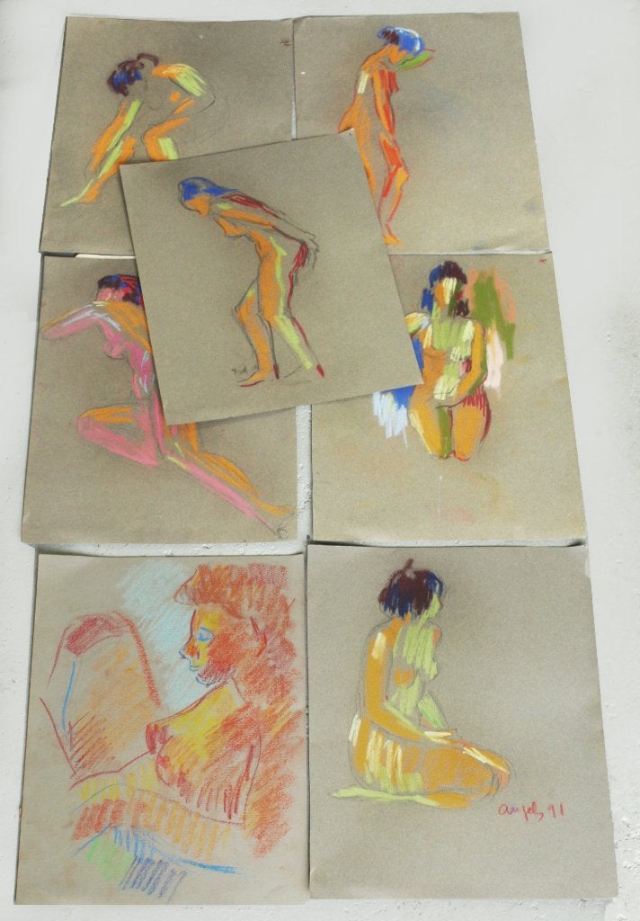 7 naaktstudies - krijt - gesigneerd, Ophalen, Portret of Personen, Impressionistisch, Pastel