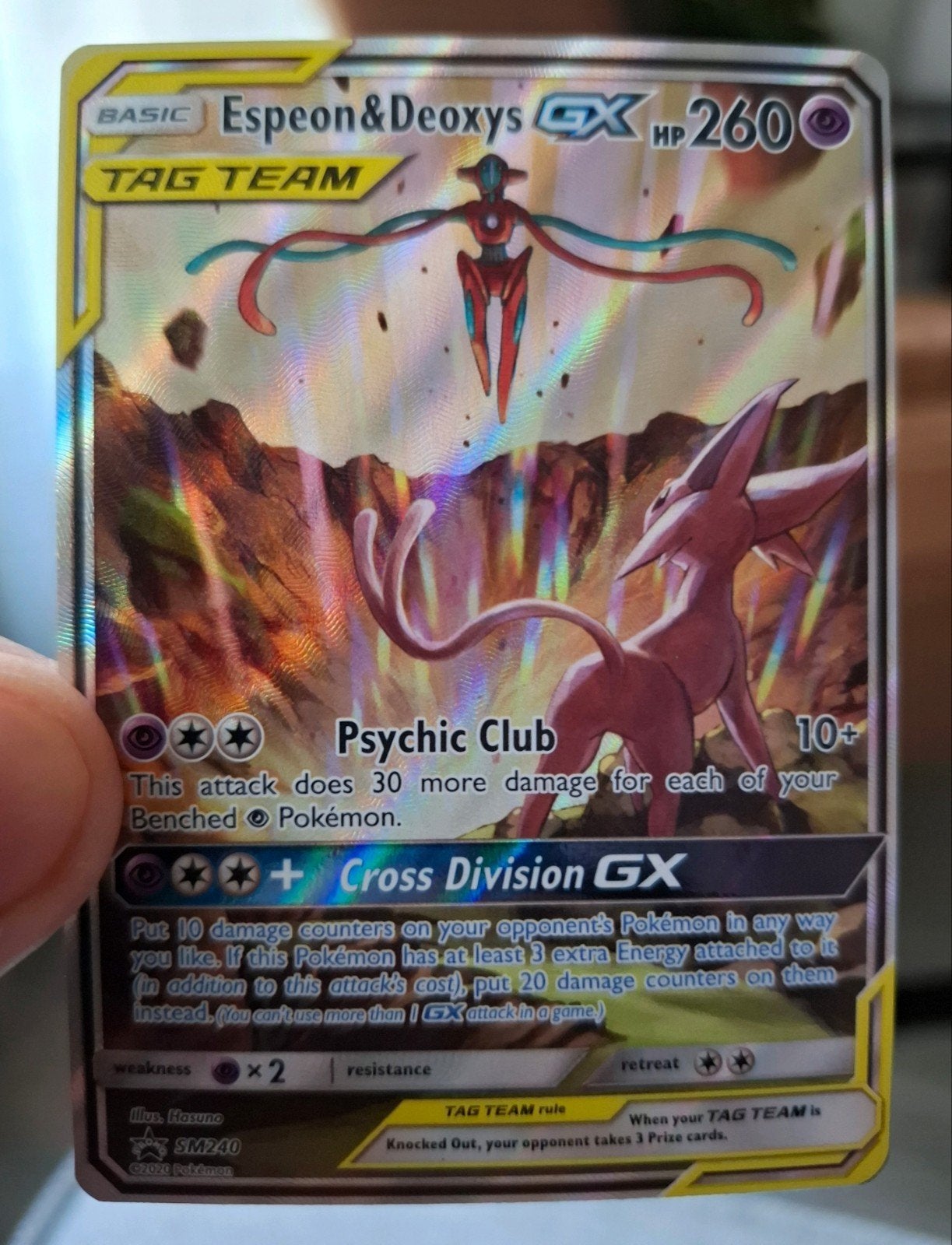 Espeon & Deoxys GX SM240 Promo, Ophalen of Verzenden, Zo goed als nieuw, Losse kaart, Foil