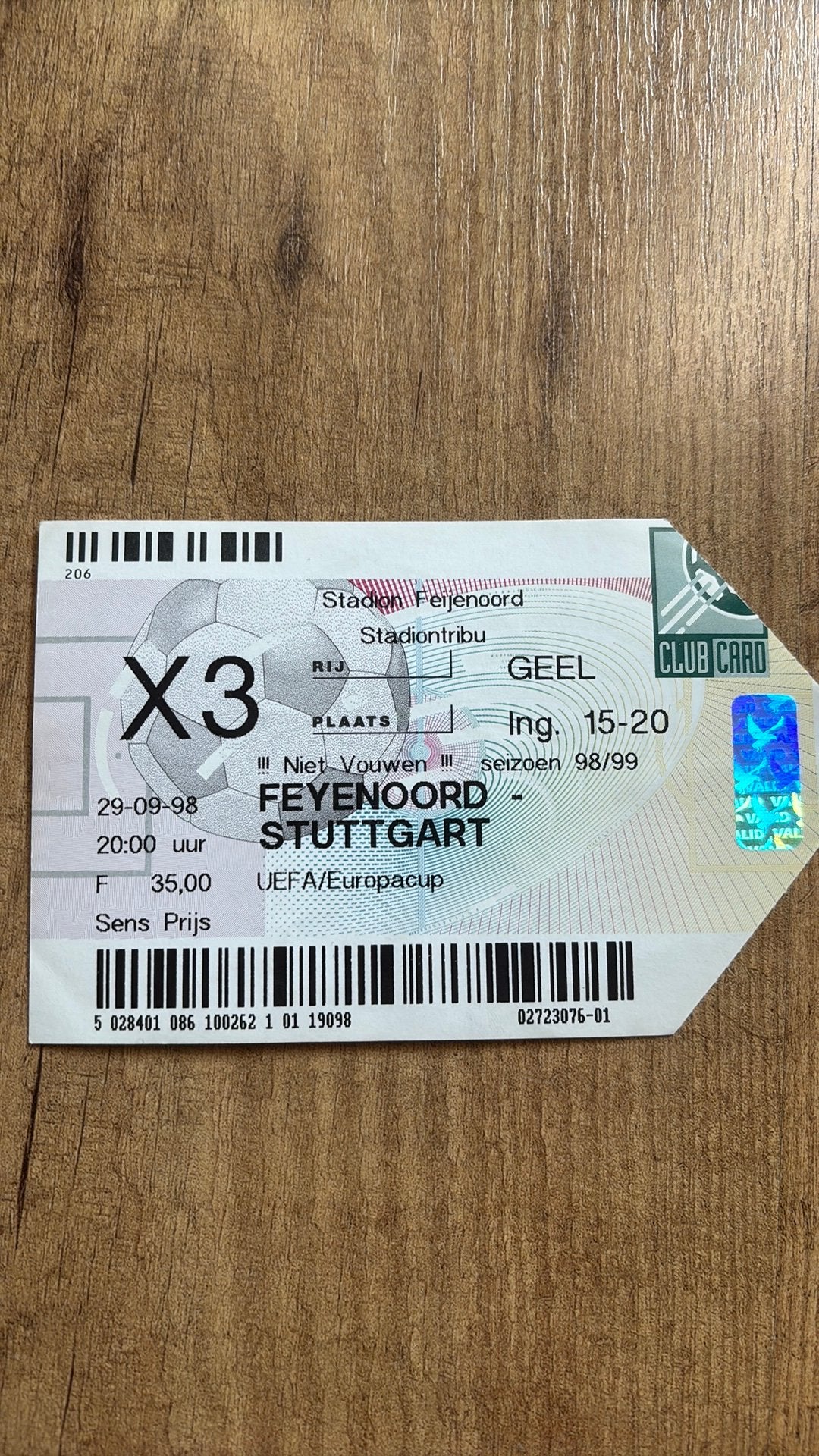 Oud stadionticket feyenoord stuttgart 1998, Verzamelen, Sportartikelen en Voetbal, Ophalen of Verzenden, Zo goed als nieuw, Feyenoord