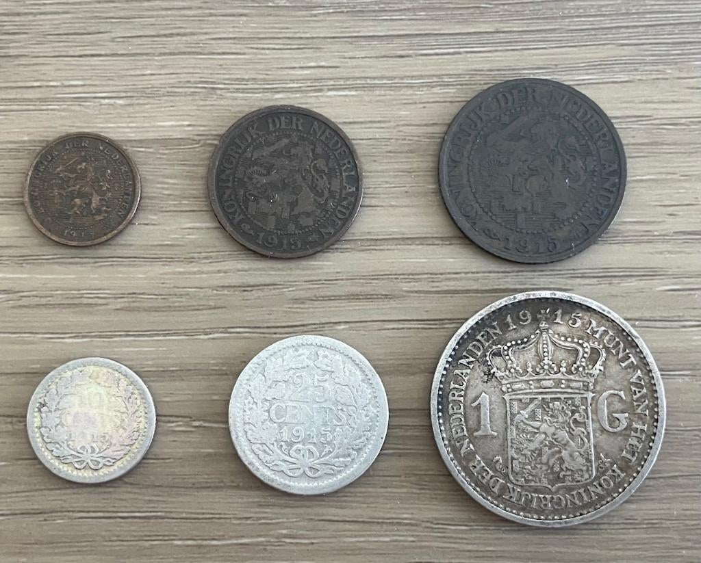 Complete serie Nederlandse munten 1915, Postzegels en Munten, Munten | Nederland, Ophalen, Setje, Zilver, 25 cent