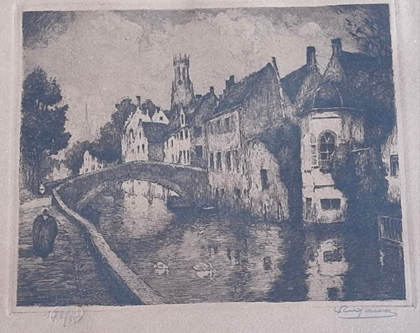 Ets.  Brugge. Ca 1850. Sign. Merkstempel.  43/32 cm., Antiek en Kunst, Kunst | Etsen en Gravures, Ets, Gesigneerd, Architectuur