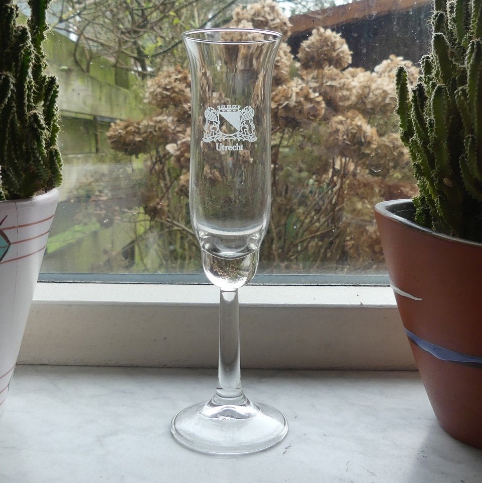 Utrecht champagne glas champagneglas wapen van Utrecht, Glas of Glazen, Gebruikt, Ophalen of Verzenden, Glas