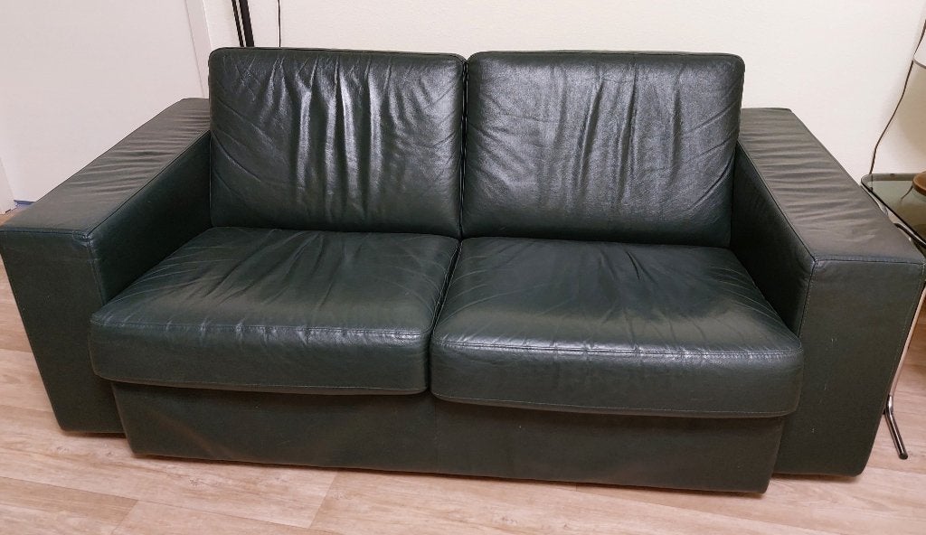 Leren bank tweepersoons - groen - lage zithoogte, Ophalen, Gebruikt, 150 tot 200 cm, Tweepersoons
