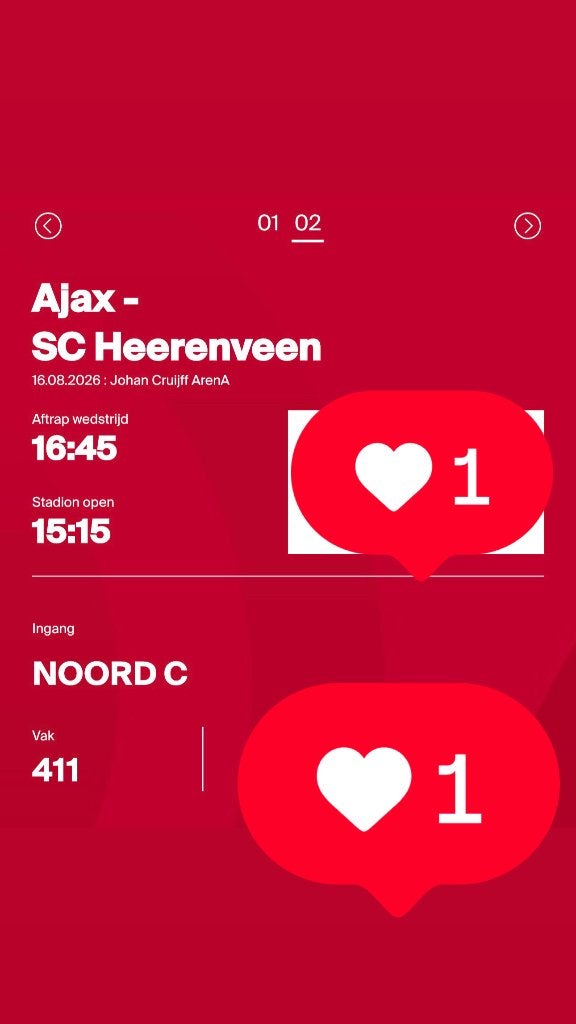 Kaart Ajax - Heerenveen vak 411, Losse kaart, Eén persoon, Augustus