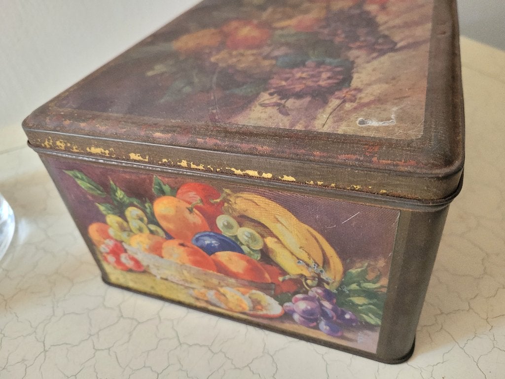 Zeer oud blik met fruit decor, Verzamelen, Blikken, Ophalen of Verzenden, Gebruikt, Overige