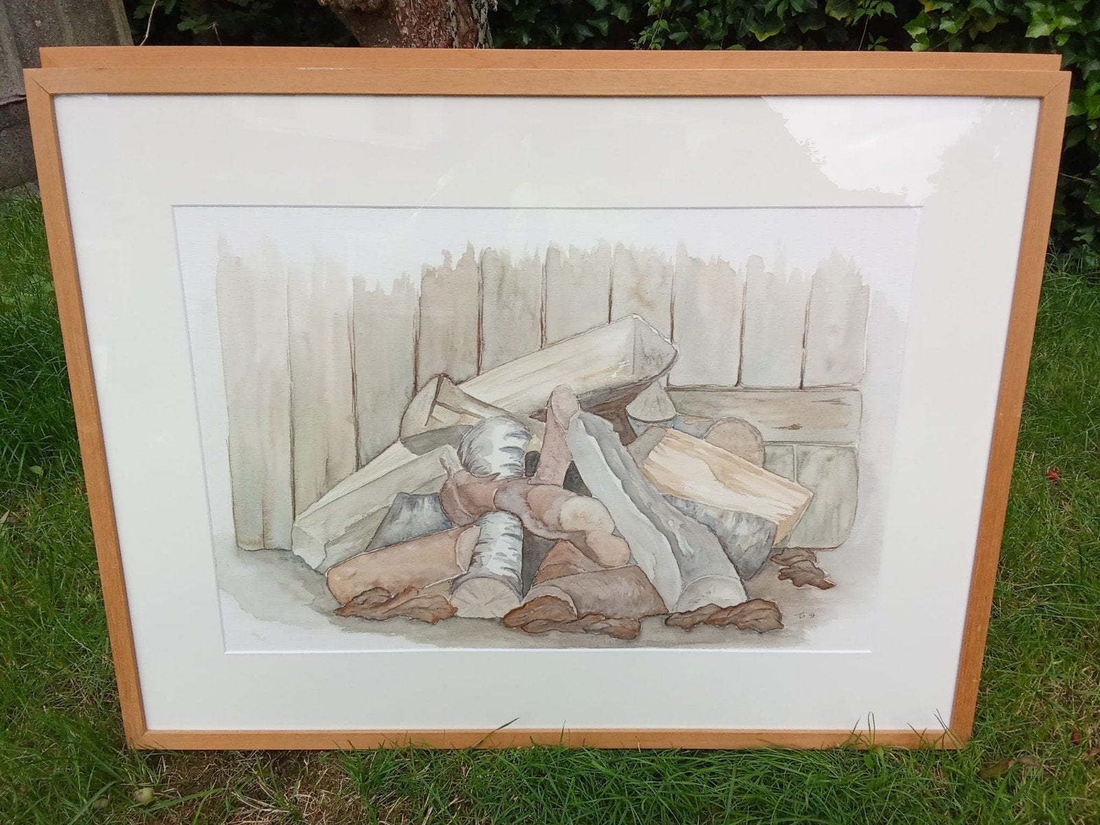 Aquarel Houtstapel - Thea Molenaar (1997), Ophalen of Verzenden