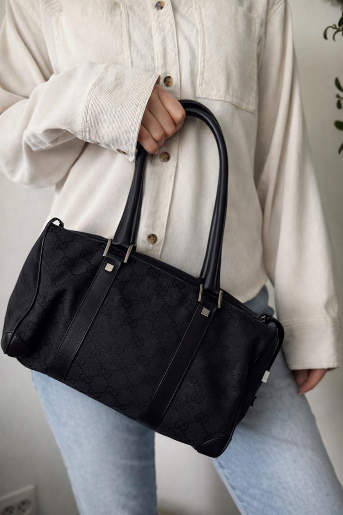 Gucci Canvas Zwarte Mini Boston Bag met Serienummer, Ophalen of Verzenden, Gebruikt, Zwart, Handtas