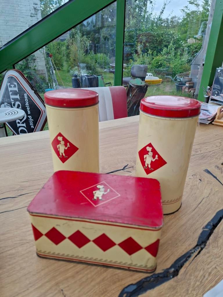 Vintage bolletje Blikken Set - 2 Busjes & 1 Trommel, Ophalen of Verzenden