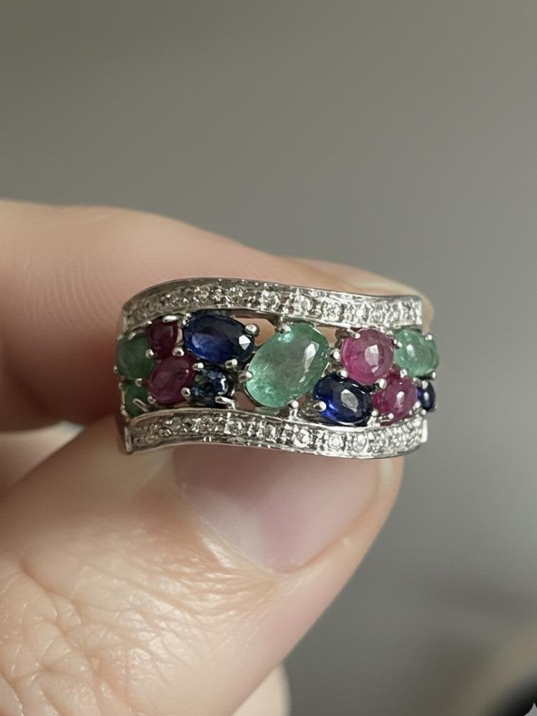zilveren vintagering cabochon smaragd robijn saffier, Ophalen of Verzenden, Nvt, Dame, Nvt
