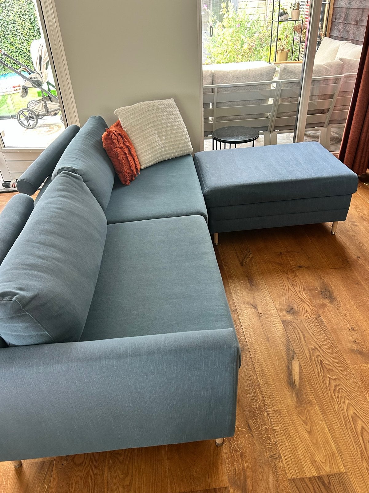 Blauwe Bolia bank met hocker, Ophalen, Gebruikt, Driepersoons, 75 tot 100 cm