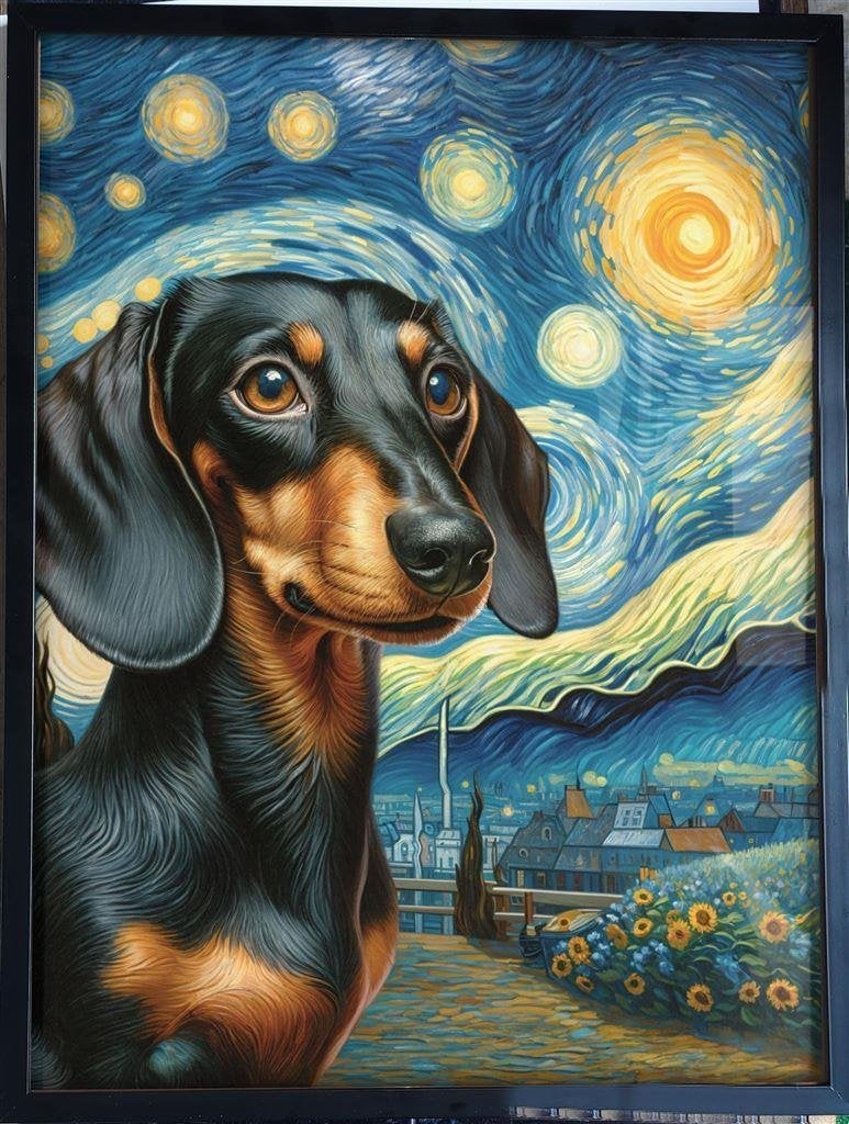 Kunst Poster Dachshund Teckel van Gogh Sterrennacht, Verzamelen, Posters, Verzenden, Nieuw, A1 t/m A3, Film en Tv