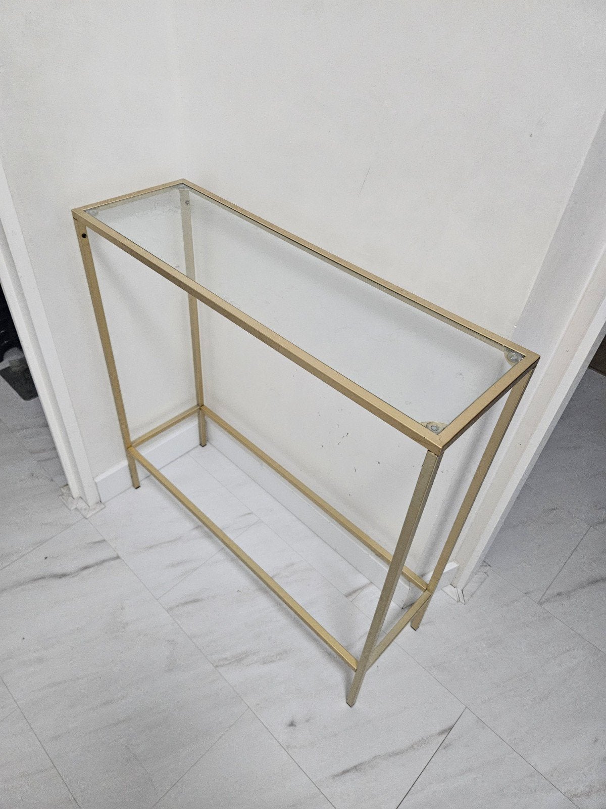 Gouden console tafel met glazen blad, Ophalen, Metaal of Aluminium, Zo goed als nieuw, Modern, Glamour