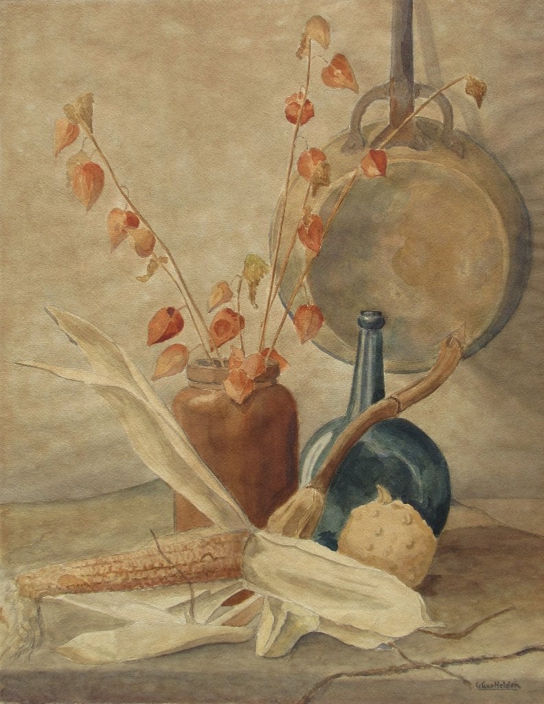 G.G. v.d. Heiden (1908-1944): Stilleven met lampionplant, Stilleven, Ophalen of Verzenden, Gesigneerd, Papier