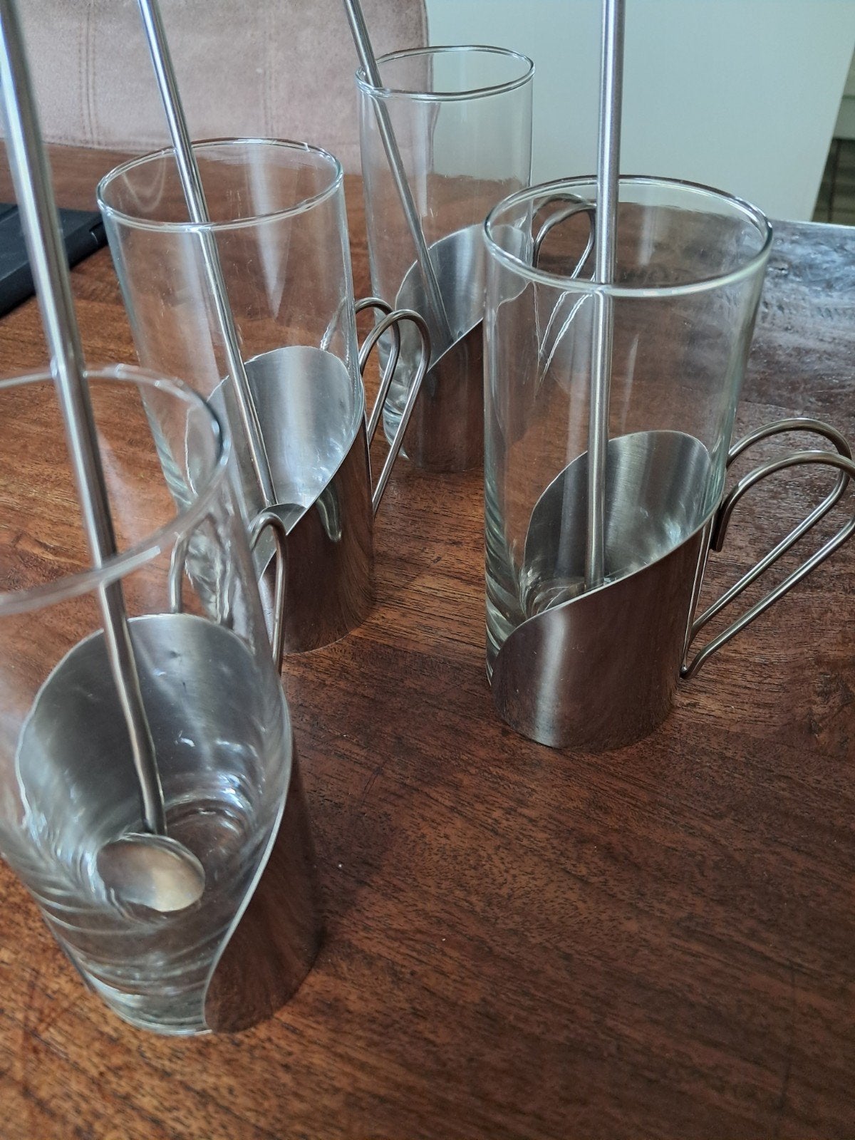 Glazen met metalen houders en lepels, Glas of Glazen, Gebruikt, Ophalen of Verzenden, Glas