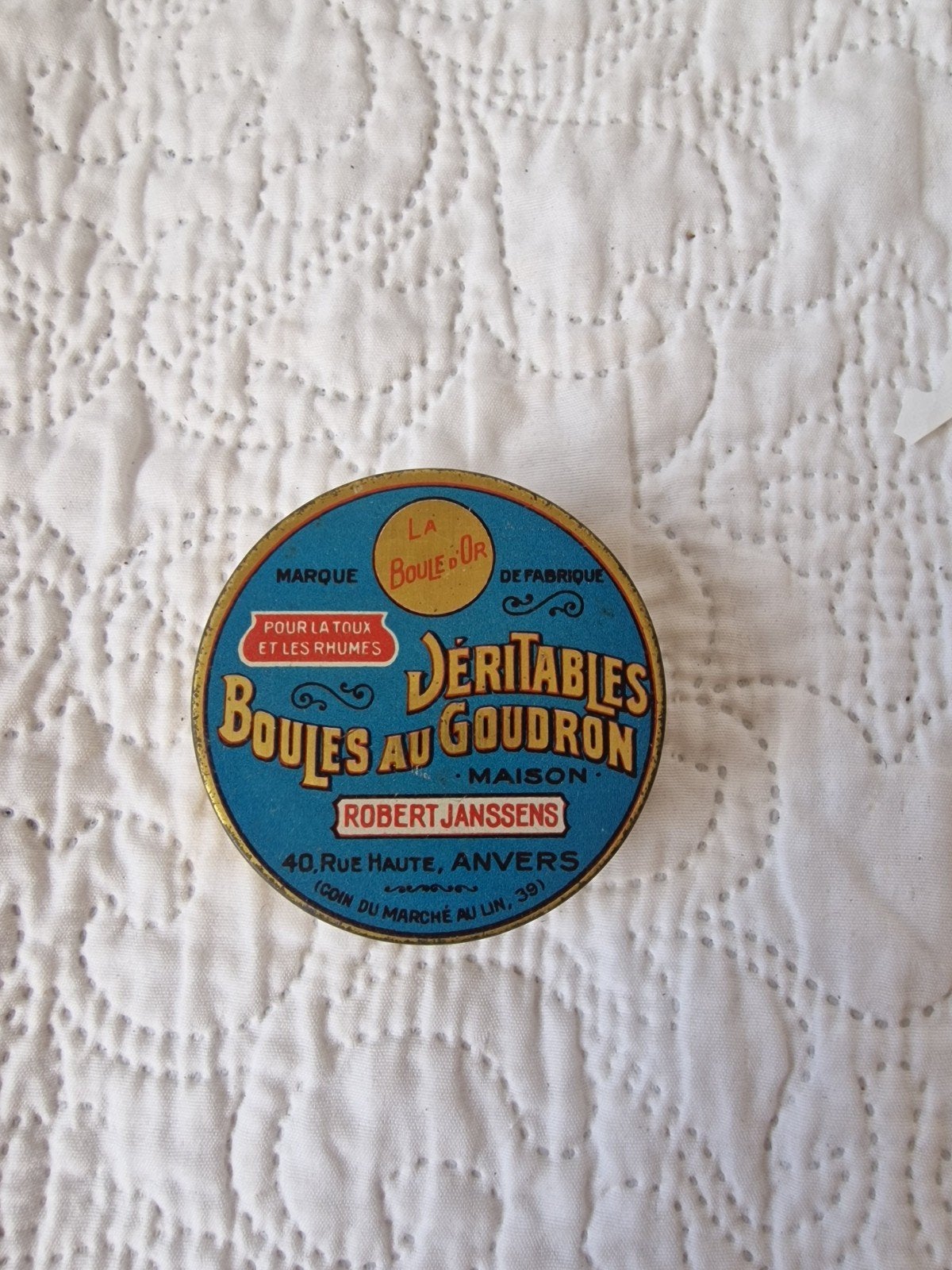 Vintage blikje 'Boules au Goudron' Robert Janssens Antwerpen, Ophalen of Verzenden, Gebruikt