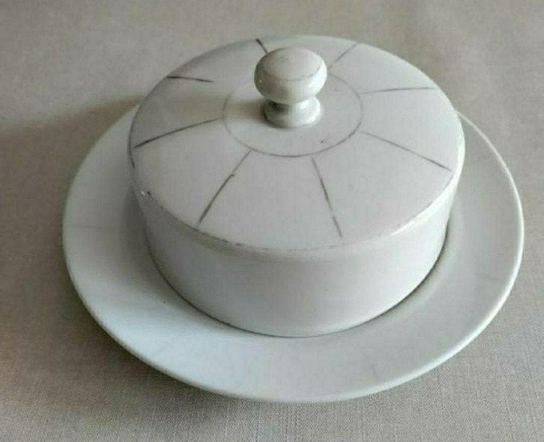 Botervloot,Deksel,Porselein,Wit,Zilver,chocolade,boter,rond, Ophalen of Verzenden