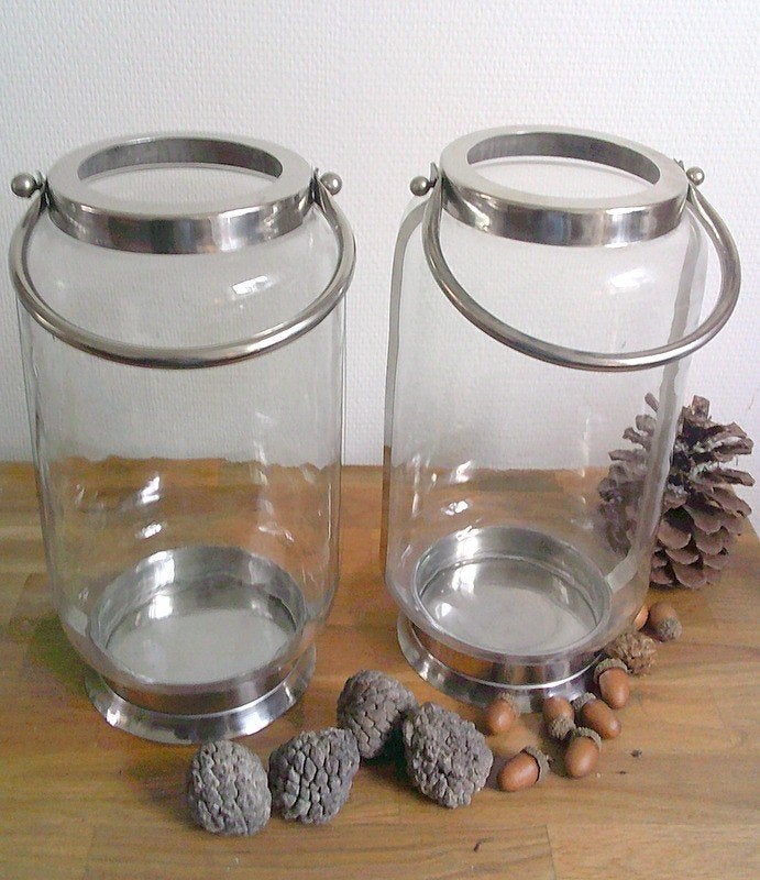 2 grote windlichten chroom/glas donkere dagen,zomeravonden, Ophalen, Gebruikt, Glas, Kandelaar