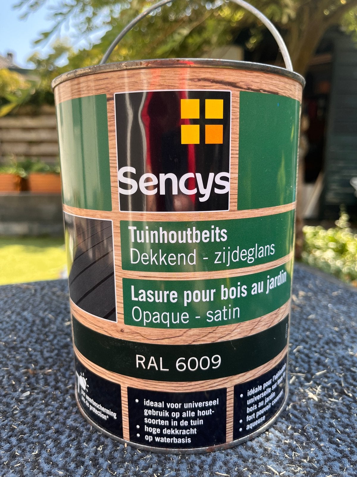 Sencys tuinhoutbeits dekkend zijdeglans RAL6009 2,5L, Ophalen, Nieuw, Beits, Minder dan 5 liter