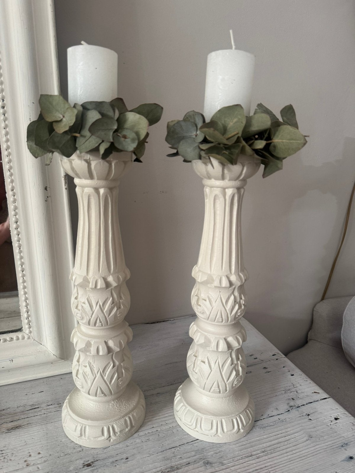 Beige houten kandelaars, Beige, 35 cm, Ophalen of Verzenden, Zo goed als nieuw