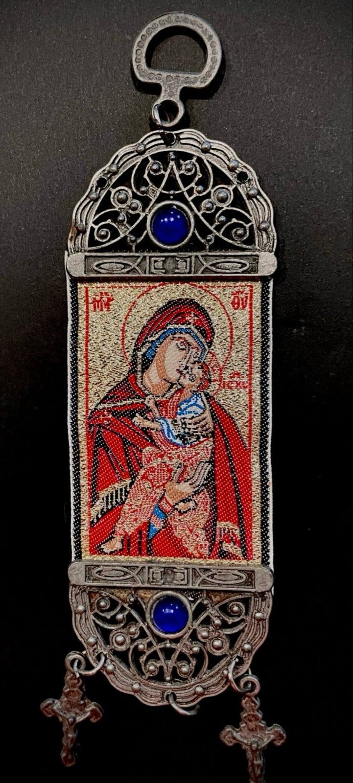 Antieke Maria met Kind icoon hanger met kruisjes, Antiek en Kunst, Ophalen of Verzenden