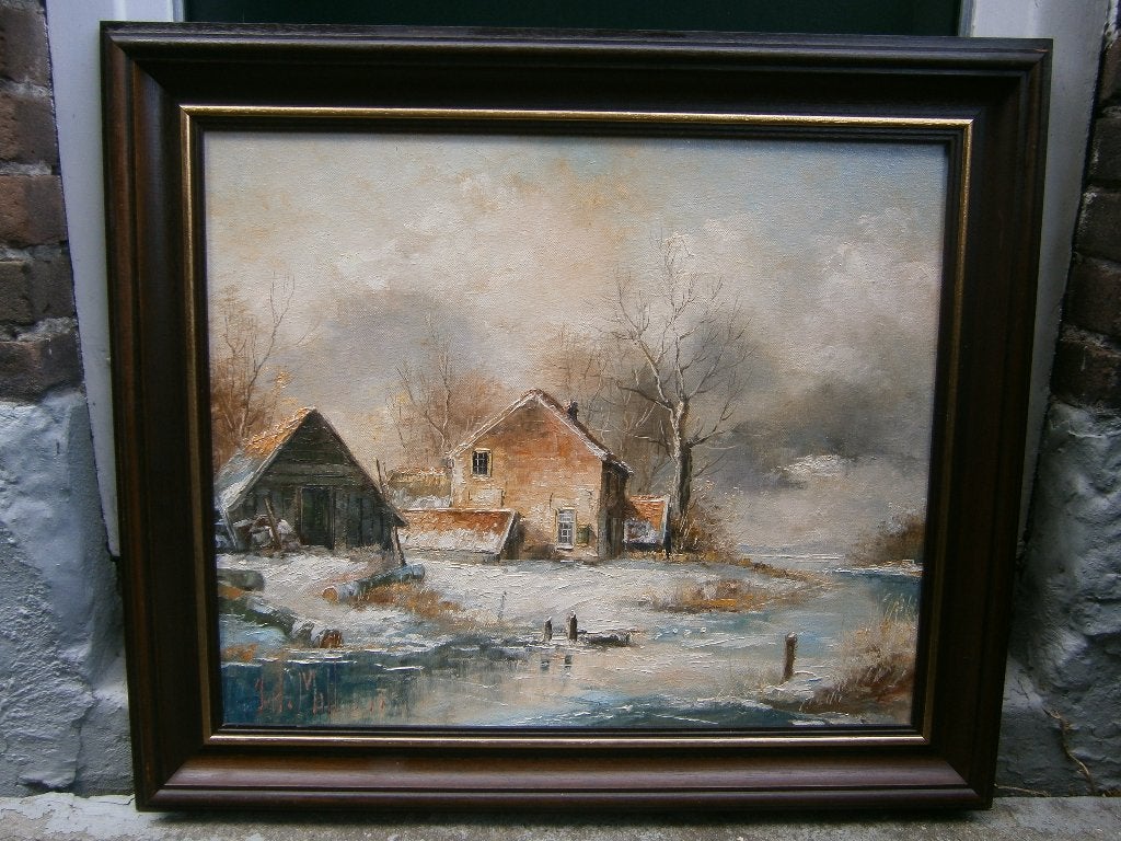 Jan Hendrik Miller: Winterlandschap, olieverfschilderij, Doek, Ophalen of Verzenden, Olieverf, Klassiek