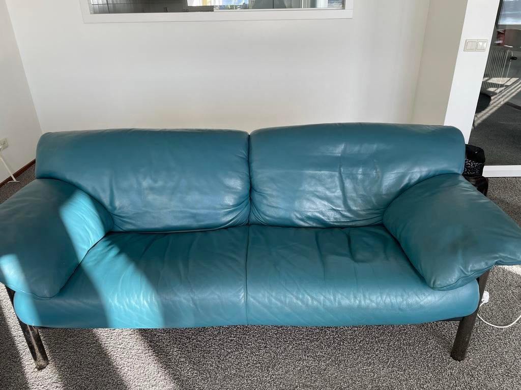 2 Turquoise leren tweezitsbanken van Poltrona Frau, Ophalen, Gebruikt, 150 tot 200 cm, Driepersoons