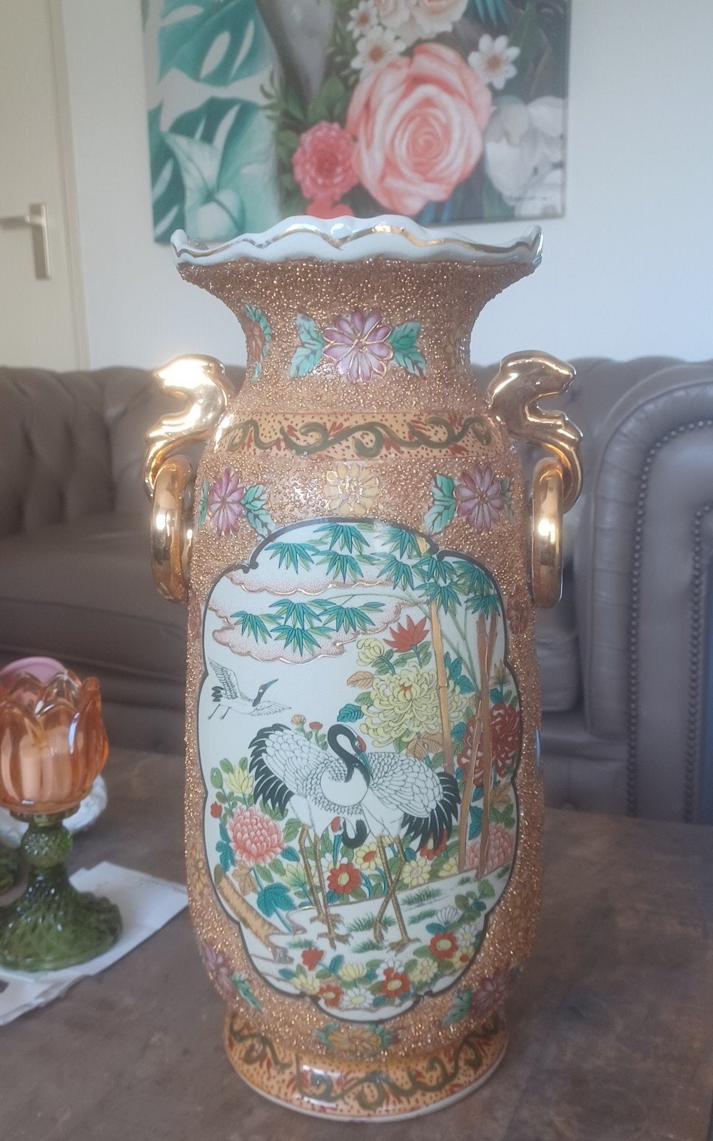grote chinese siervaas kraanvogels 37cm goudspikkels, Antiek en Kunst, Antiek | Vazen, Ophalen of Verzenden