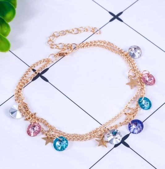 Dames goud verguld enkelbandje met kralen, Sieraden, Tassen en Uiterlijk, Enkelbandjes en Enkelkettinkjes, Ophalen of Verzenden
