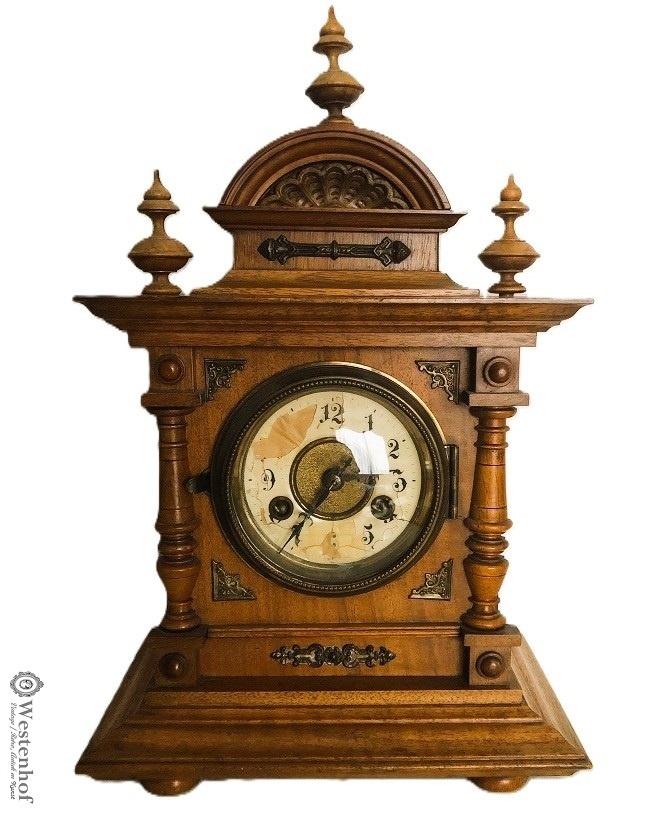 Antieke klok - brocante tafelklok hout - ornamenten, Ophalen of Verzenden