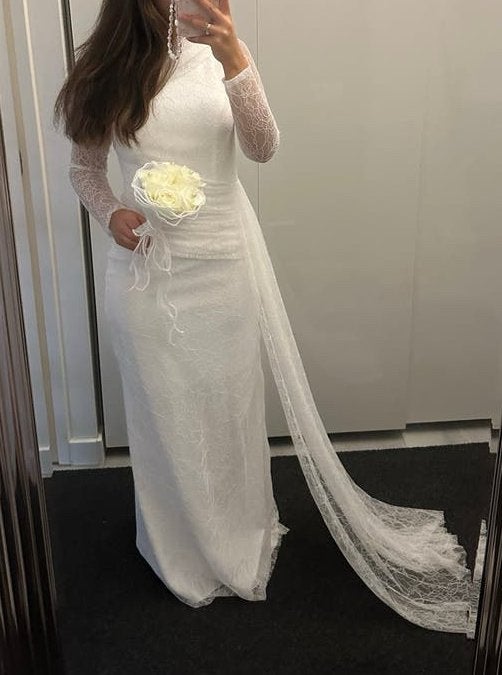 Elegante Trouwjurk met Kant en Sleep + bloemstuk, Ophalen of Verzenden, Zo goed als nieuw, Wit, Trouwjurk