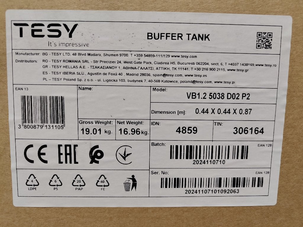Tesy Buffervat, Doe-het-zelf en Verbouw, 20 tot 100 liter, Nieuw, Ophalen of Verzenden, Minder dan 3 jaar oud