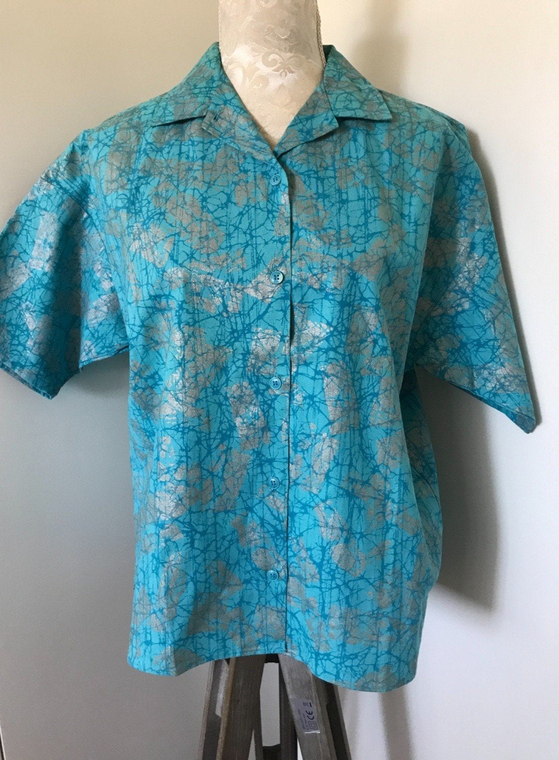 Vintage Turquoise Met Zilveren Katoenen Blouse, Ophalen of Verzenden, Zo goed als nieuw, Maat 38/40 (M), Overige kleuren