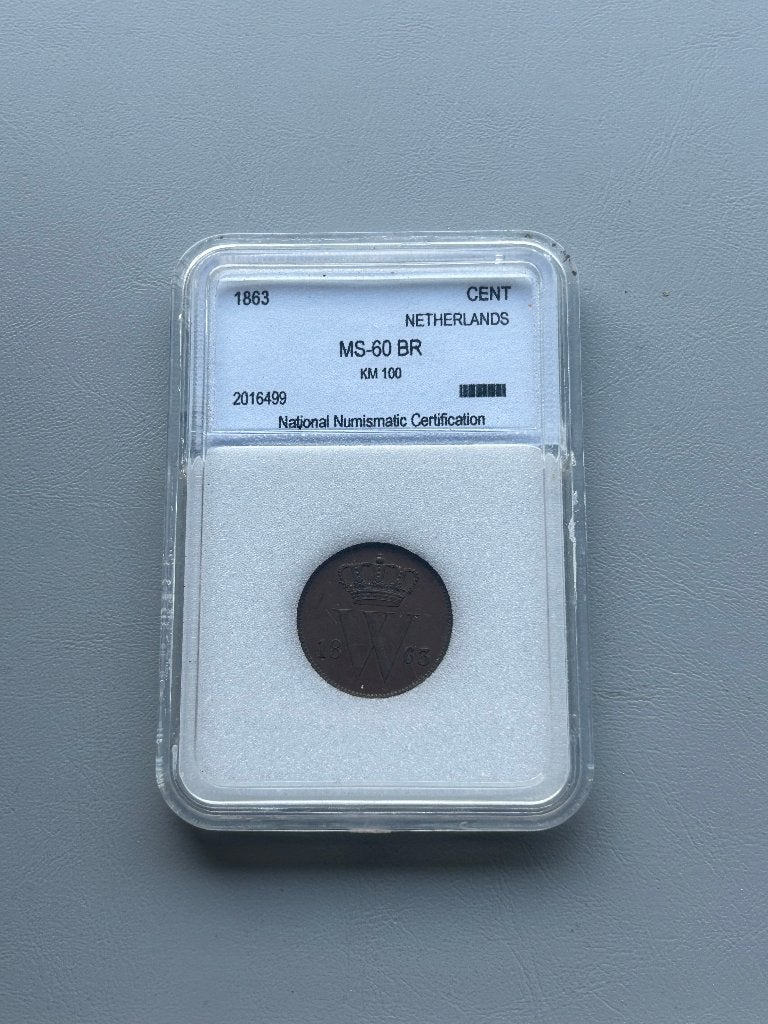 MS-60 BR 1863 1 cent Nederland Numismatic certificaat, Postzegels en Munten, Ophalen of Verzenden, Koning Willem III