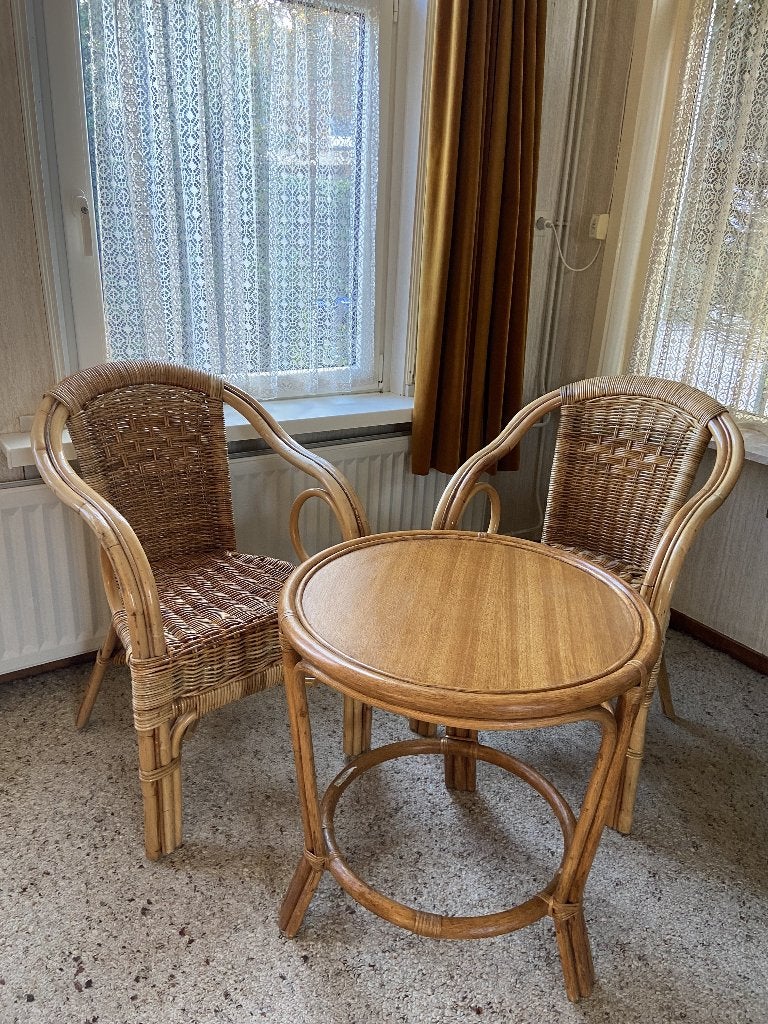 Vintage rieten stoelen en rotan tafeltje, Huis en Inrichting, Ophalen, Gebruikt, Twee, Bruin