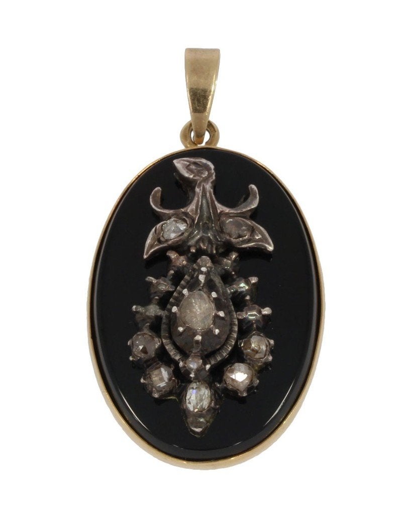 Diamanten 14k gouden onyx antieke medaillon hanger ketting, Verzenden, Goud, Hanger, Met edelsteen