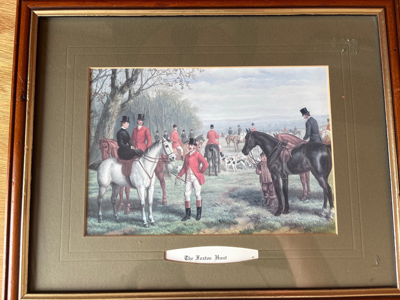 Vintage print 'The Foxton Hunt' in lijst, Achter glas, Dieren, Ophalen of Verzenden, Klassiek