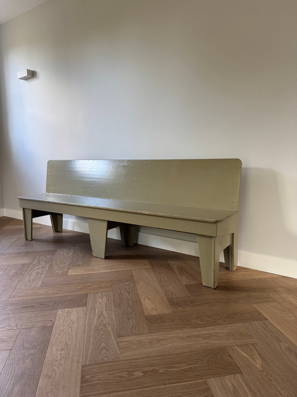 Houten bank olijfgroen – 220 cm - uit Bosch restaurant, Ophalen, Gebruikt, Hout