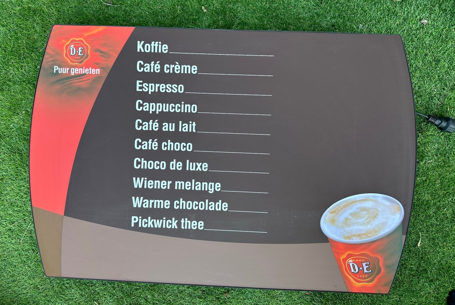 koffiemenu-bord van Douwe Egberts (D.E), Verzamelen, Ophalen of Verzenden, Gebruikt, Reclamebord