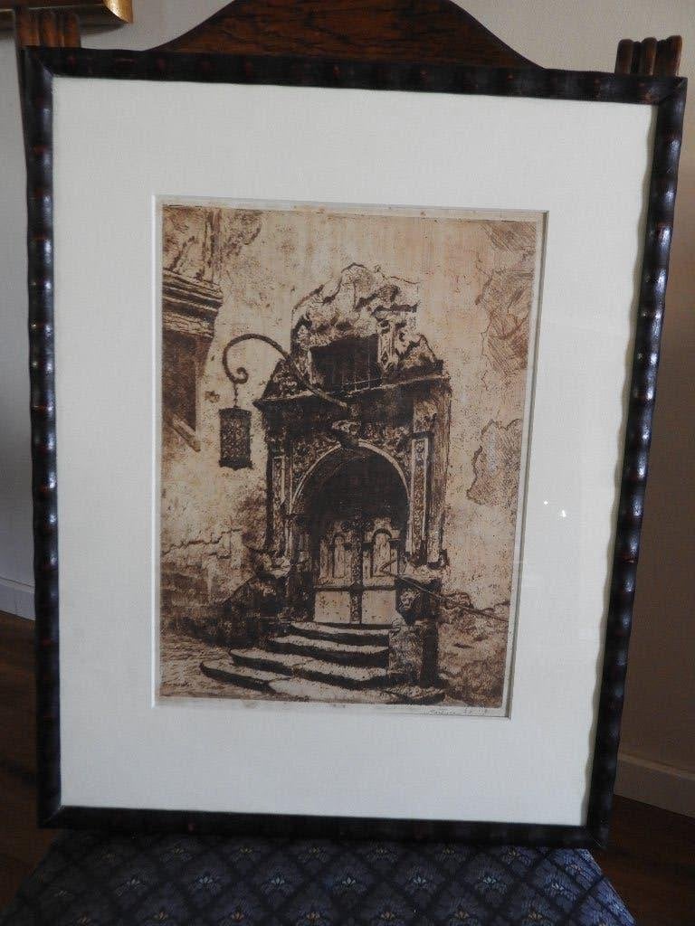 Ets Poortje van Rothenburg - Martin van Waning (1889-1972), Ingelijst, Architectuur, Ophalen of Verzenden, 50 cm