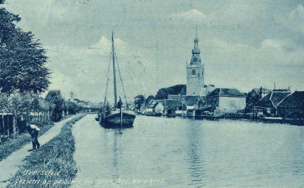 1907 ROTTERDAM Overschie: Gezicht Schie en toren Herv. Kerk, Ophalen of Verzenden, Voor 1920, Gelopen, Zuid-Holland