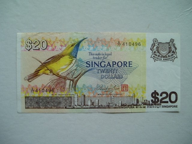 1371. Singapore, 20 dollars 1979 Yellow-breasted Sunbird., Verzenden, Zuidoost-Azië, Los biljet