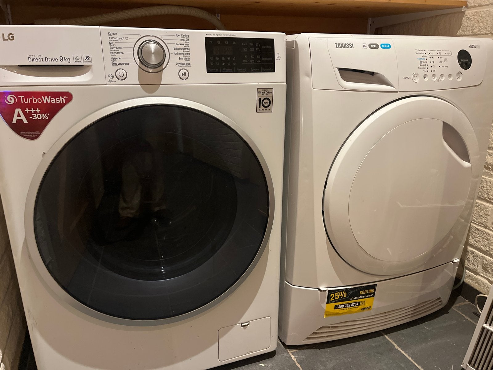LG Direct Drive 9kg wasmachine en Zanussi droger, Ophalen, 1200 tot 1600 toeren, Gebruikt, 8 tot 10 kg