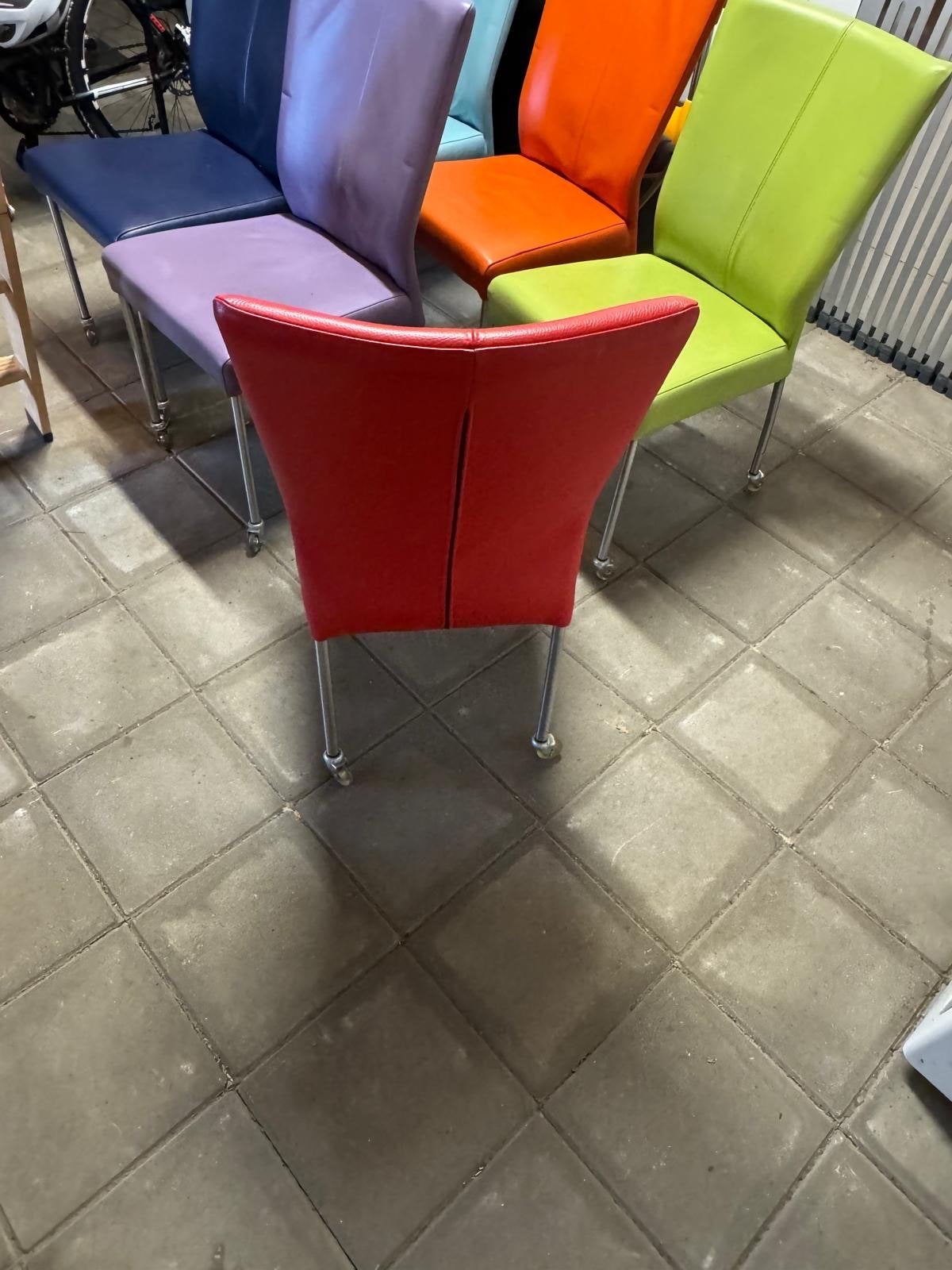 Set van 6 kleurrijke leren eetkamerstoelen, Ophalen, Gebruikt, Overige kleuren, Leer