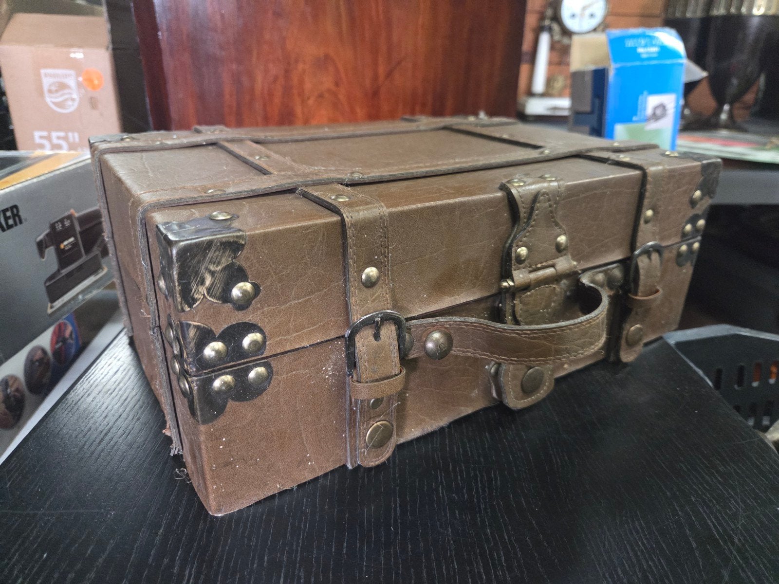 Vintage houten koffer met leren details, Ophalen of Verzenden