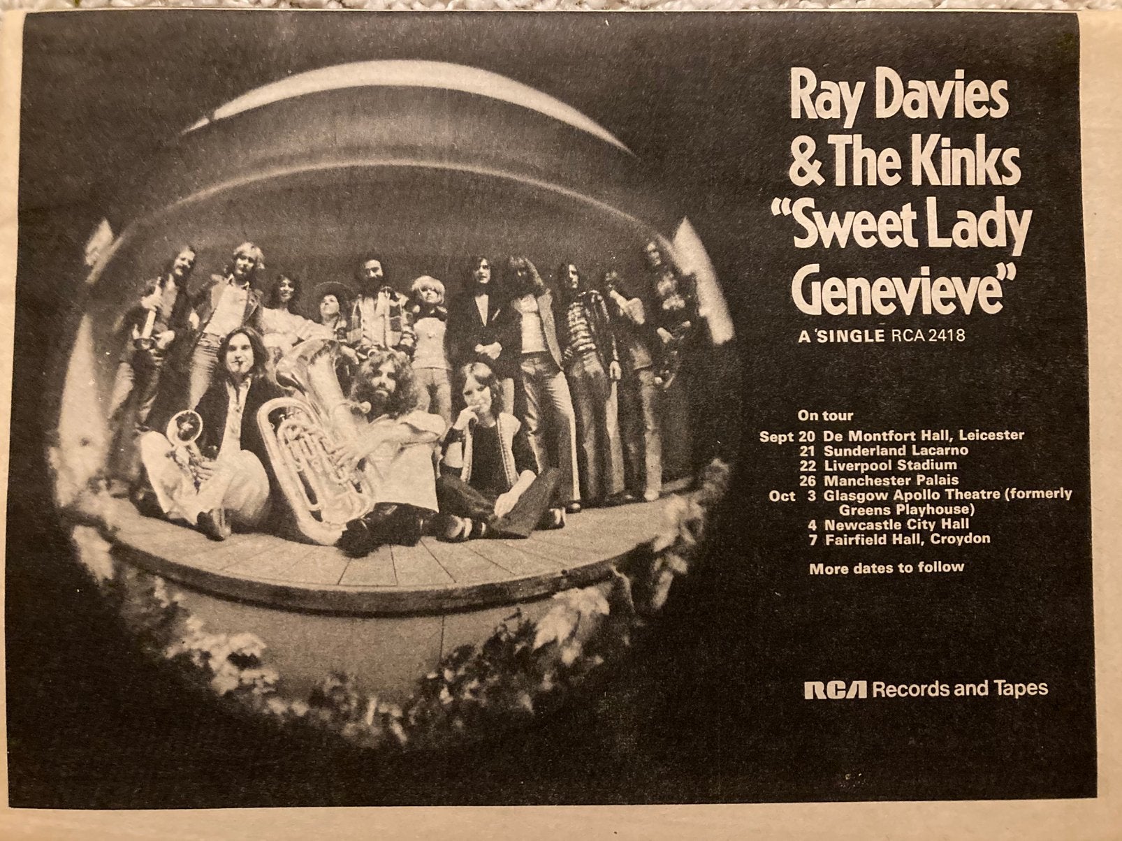 Paginagrote A4 advertentie KINKS Ray Davies Sweet Lady tour, Ophalen of Verzenden, Zo goed als nieuw