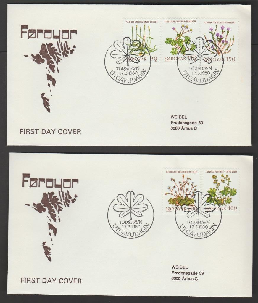 Faeroer - 2 FDC's Michelnr 48--52 - veldbloemen, Verzenden, Denemarken, Gestempeld