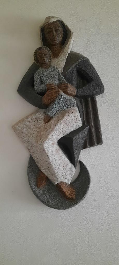Mariabeeld met Jezus in steen ., Antiek en Kunst, Ophalen